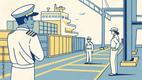 Maritime Officers at Port with Cargo Ship and Shipping Containers.