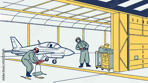 Aircraft Maintenance Crew Working on a Jet Inside Hangar.