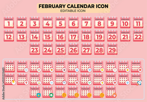 Editable vector icon set featuring february calendar with days and various symbols