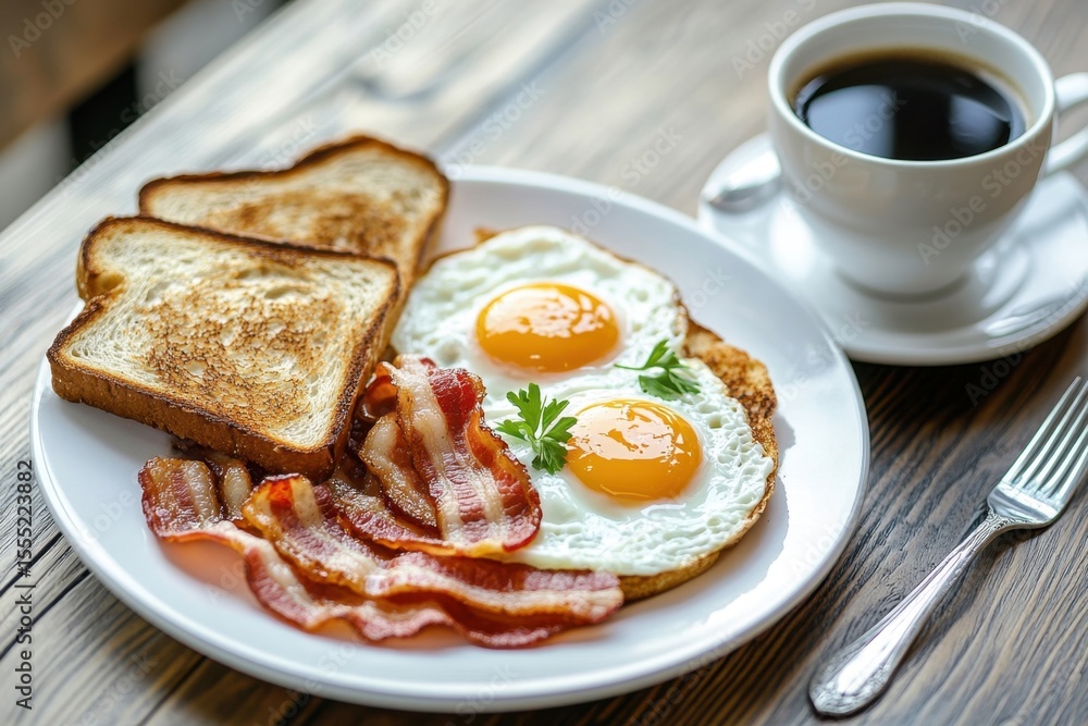 Homemade American breakfast. Fried eggs with bacon and toast, a cup of coffee and a fork on a wooden table. Healthy breakfast. The concept of healthy eating Homemade American breakfast. Fried eggs with bacon and toast, a cup of coffee and a fork on a wooden table. Healthy breakfast. The concept of healthy eating