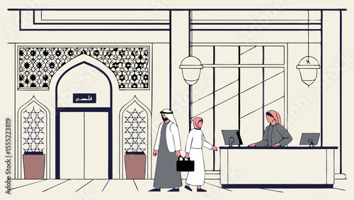 Arabian Architecture with People at Reception Desk.