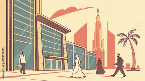 Modern Cityscape Depicting People Walking Near Buildings and Palm Tree.