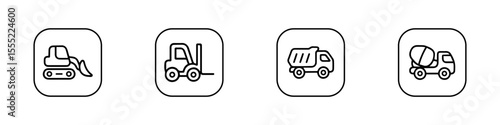 Set of linear construction and utility vehicle icons. dump trucks, excavators, cement mixers, tractors, loaders, street sweepers, aerial lifts