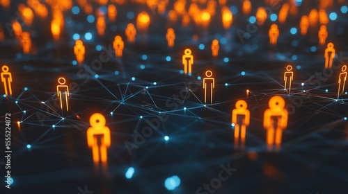 Network of interconnected people, glowing orange and teal, on a dark background.  Complex digital connections