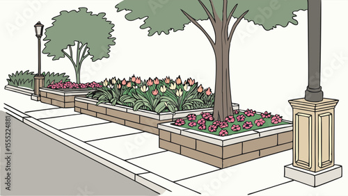 Illustrated Urban Landscape Featuring Trees Flowers and Sidewalk.