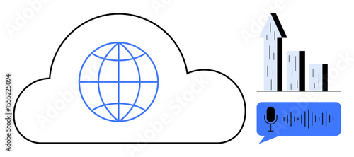 Cloud with a globe symbol, analytics bars with upward trends, and voice recognition wave. Ideal for technology, innovation, connectivity, data analytics, global reach, AI integration simple landing