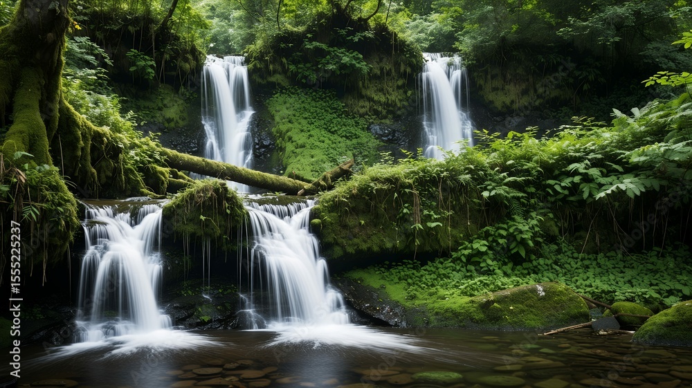 Cascading waterfalls through lush green forest landscape scene Cascading waterfalls through lush green forest landscape scene