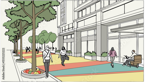 Urban Scene with Pedestrians and Modern Architecture.