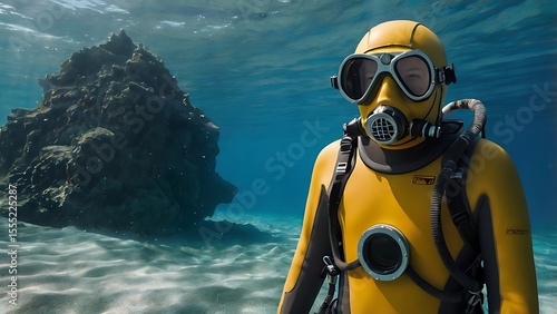 Wallpaper Mural A scuba diver in a yellow wetsuit and full-face mask explores clear underwater waters near a large rock formation on the sandy seabed. Torontodigital.ca