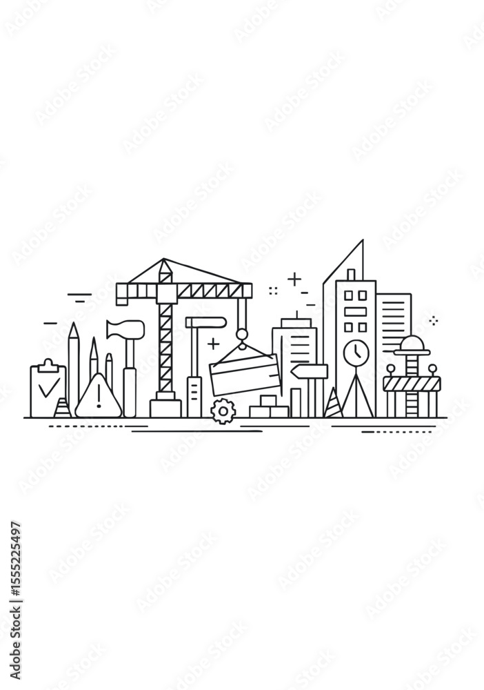 Naklejka premium Urban Construction Line Art with Cranes, Buildings, Tools and City Infrastructure for Engineering, Development or Architectural Planning Themes