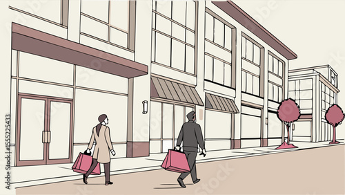 Shoppers with Bags on a City Street with Buildings.