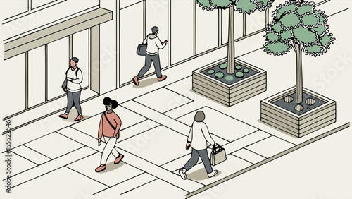 Isometric Illustration of People Walking on a City Street.