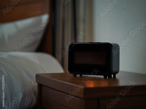 A small black digital clock sits on a wooden nightstand beside a neatly made bed with white linens in a softly lit bedroom.