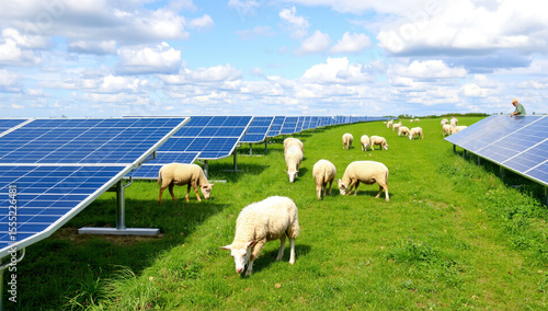 solar panels with sheep grazing around them, green energy