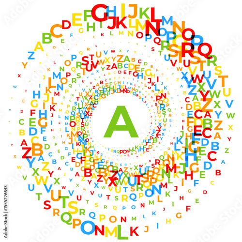 Abstract vector illustration of randomly scattered colorful English lettes ABC alphabet in shape of spiral vortex, dynamic composition with symbols, isolated on white background