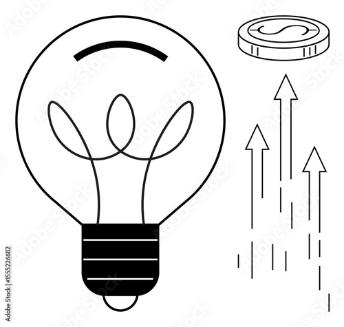 Lightbulb and coin reflect idea generation, financial success, and growth potential. Arrows symbolize progress and upward trends. Ideal for creativity, innovation, finance, entrepreneurship