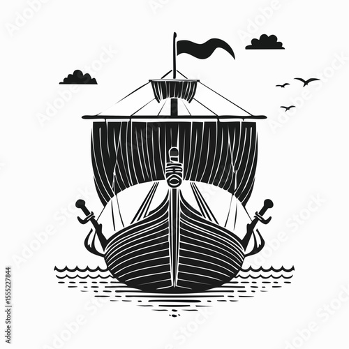 Black and White Ancient Viking Ship Front View Vector Illustration for Historical and Nautical Themes