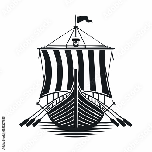 Black and White Ancient Viking Ship Front View Vector Illustration for Historical and Nautical Themes