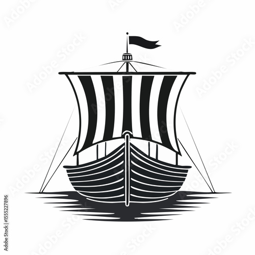 Black and White Ancient Viking Ship Front View Vector Illustration for Historical and Nautical Themes