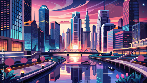 Glass towers reflect pink twilight over the Chicago River as boats pass beneath glowing bridges. The lights of the city dance on the water’s surface. Flower boxes hang from railings, and soft city 