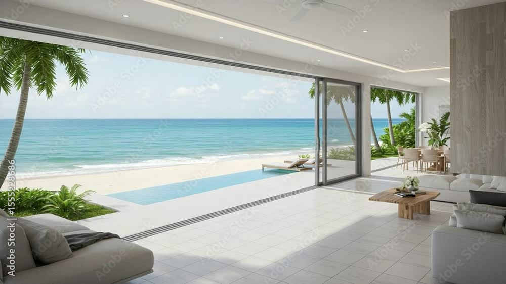 Modern Living Room Overlooking Tropical Beach and Ocean View Modern Living Room Overlooking Tropical Beach and Ocean View