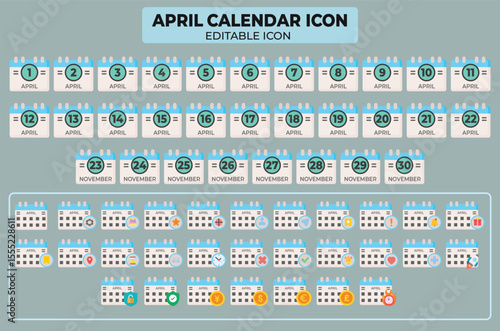 Set of April calendar icons representing each day of the month with editable design for scheduling and reminders