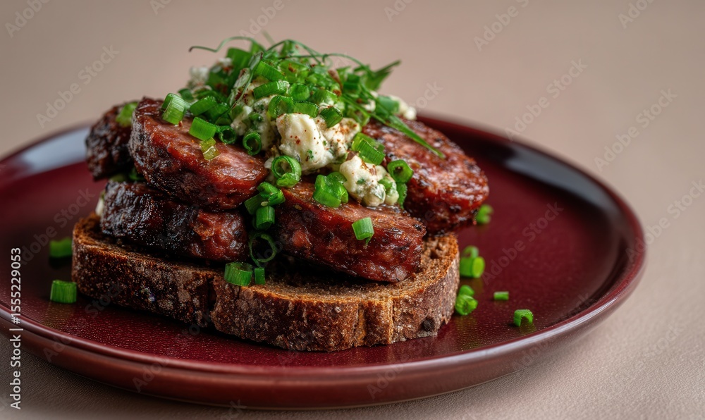 Rustic blood sausage served on rye bread garnished with fresh onions against a soft cream background Rustic blood sausage served on rye bread garnished with fresh onions against a soft cream background