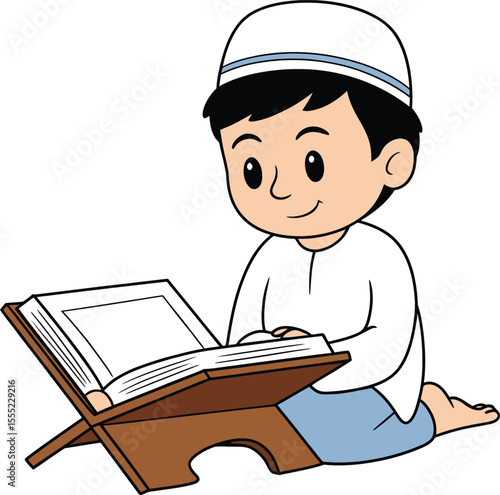 Boy reading holy book on stand white