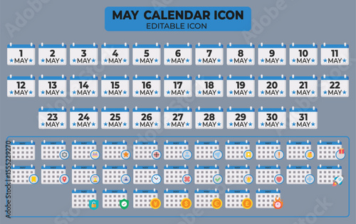 May calendar icon vector set with editable options and various symbols for each date