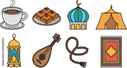 Coffee baklava mosque tent lantern oud prayer beads carpet vector