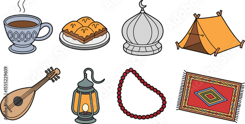 Coffee sweets tent mosque oud lantern prayer rug vector
