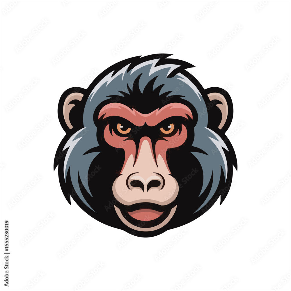 Fototapeta premium Angry Baboon Head Vector Illustration,Wild Baboon Mascot Head Design,Cartoon Baboon Face Logo Template,Fierce Baboon Animal Head Artwork,Detailed Baboon Head Vector Drawing,Baboon Head Esports Logo