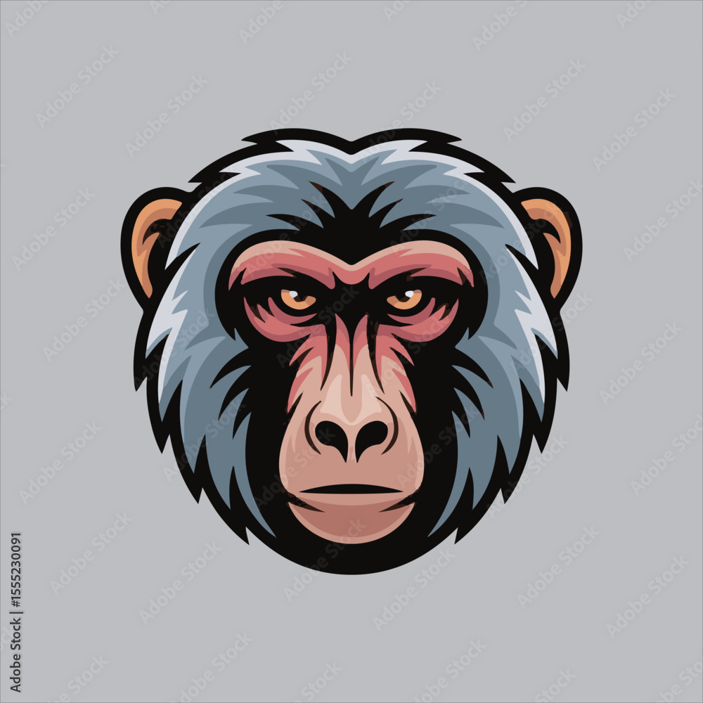 Obraz premium Angry Baboon Head Vector Illustration,Wild Baboon Mascot Head Design,Cartoon Baboon Face Logo Template,Fierce Baboon Animal Head Artwork,Detailed Baboon Head Vector Drawing,Baboon Head Esports Logo