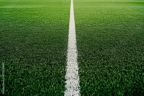 Close up of a bright white line marking on a vibrant green artificial turf sports field