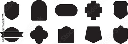 Assorted silhouette shapes including shields, tags, crosses, and curved emblems in minimal black design