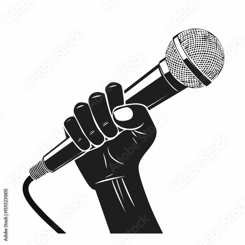 Black and white Hand holding Microphone image vector isolated on white background