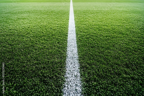 A vibrant green grass corner of an empty outdoor football or soccer stadium with white lines on the field
