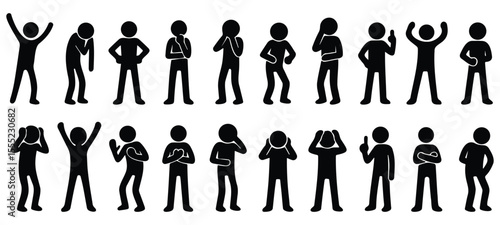Stickman emotion and expression icons with people showing various gestures and feelings in silhouette design