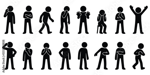 Stickman body language icons showing emotional reactions and poses in black silhouette style