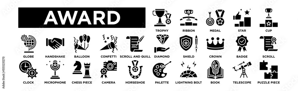 Fototapeta premium Award icon set. Editable Stroke Icon Collection. Trophy, Ribbon, Medal, Star, Cup, Diamond, Shield, Crown, Badge, Scroll, Globe, Handshake, Balloon, Confetti, Scroll and Quill, Palette, Lightning Bo