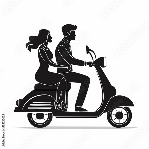Young man and woman couple riding on scooter silhouette vector image on white background.