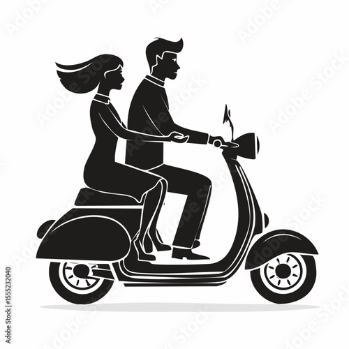 Young man and woman couple riding on scooter silhouette vector image on white background.