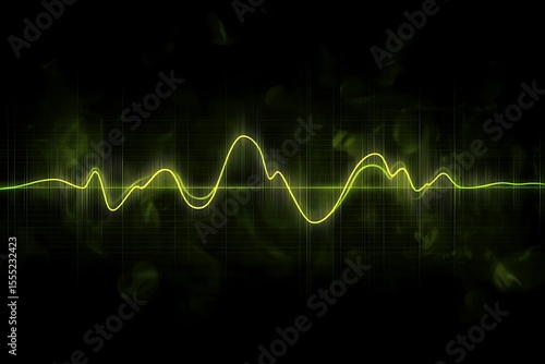 Fotografija Abstract glowing green sound wave on a dark grid background with smoky effects