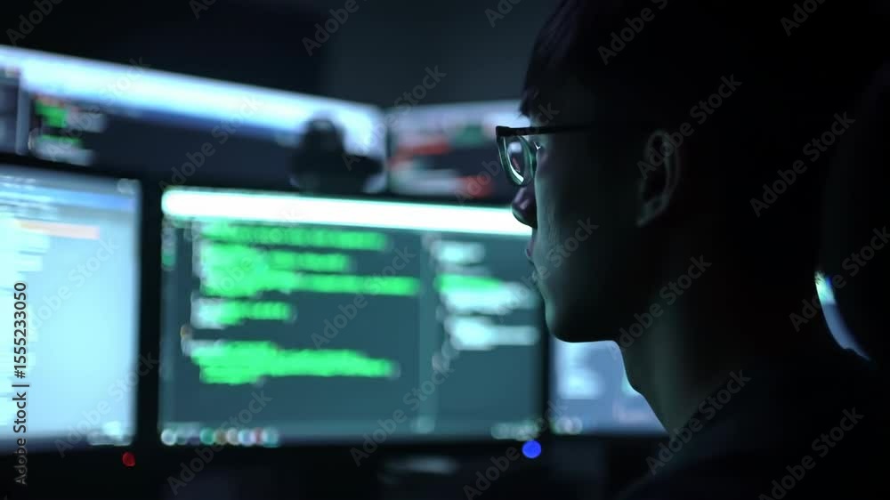 Nighttime coding in action: developer engaged in software programming and debugging Nighttime coding in action: developer engaged in software programming and debugging