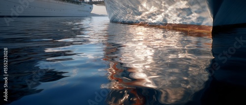 Gleaming sunlight dances off a ship's hull, casting shimmering patterns on the serene water in a picturesque harbor scene.