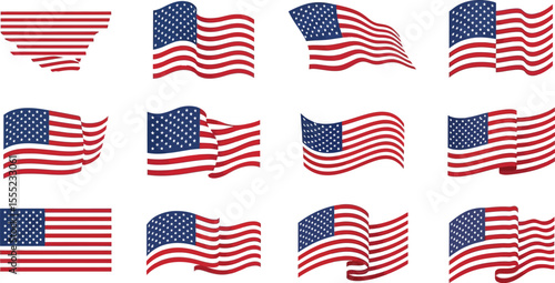 Collection of twelve american flag illustrations in various waving and static positions on white background