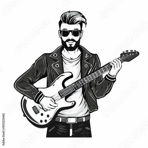 Rock star with guitar. Rock Roll Guitar Player Stock Vectors and Vector Art on white background.
