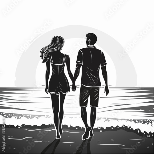 Romantic Couple Walking on the Beach from Behind, Hand in Hand, Enjoying the Sunset View silhouette vector