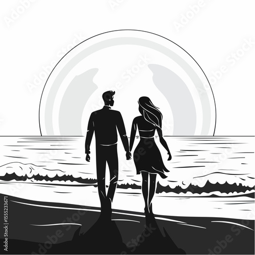 Romantic Couple Walking on the Beach from Behind, Hand in Hand, Enjoying the Sunset View silhouette vector