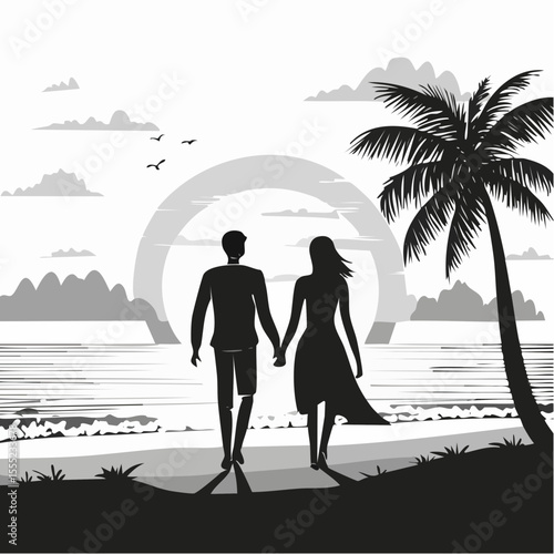 Romantic Couple Walking on the Beach from Behind, Hand in Hand, Enjoying the Sunset View silhouette vector